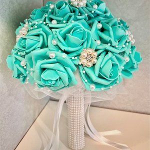 Communion bouquet, tiff blue, turquoise blue, pearl garland, pearl rhinestone